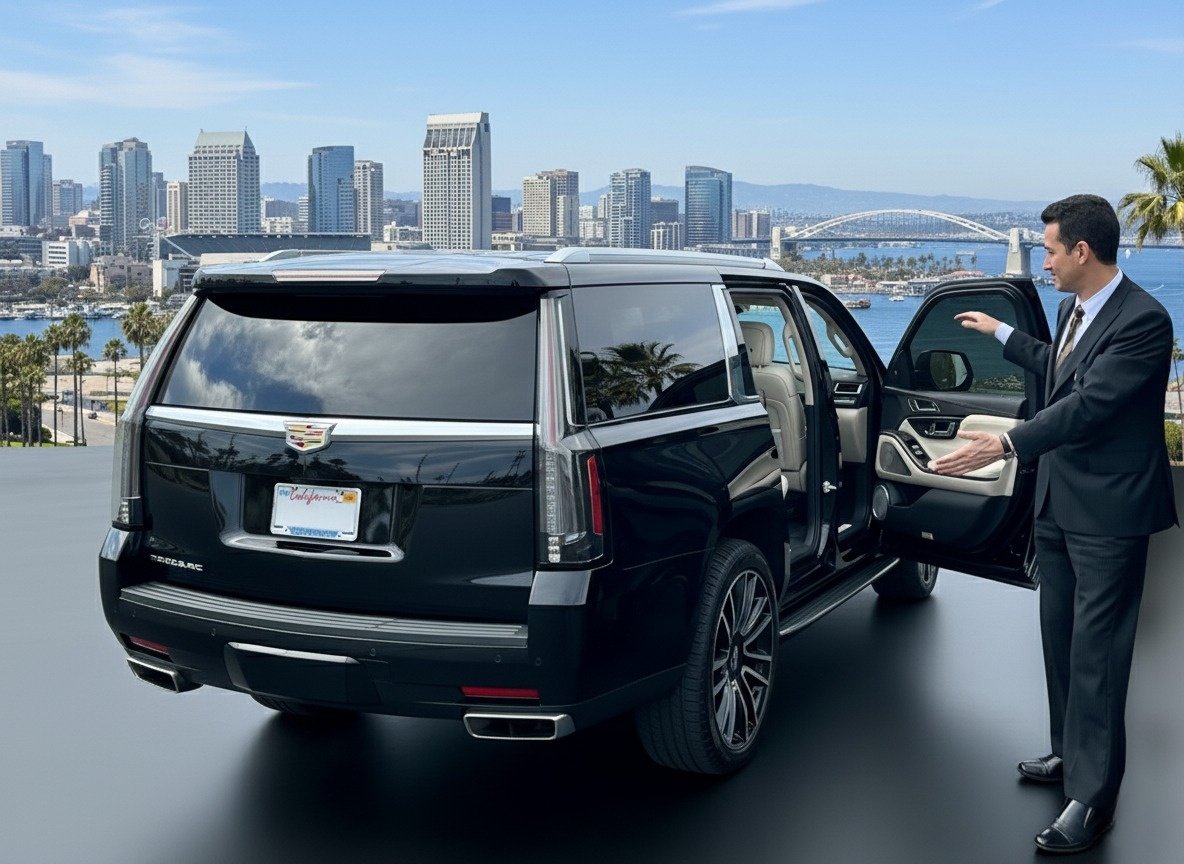 Executive black car service chauffeur opening door for a client at San Diego airport (SAN).