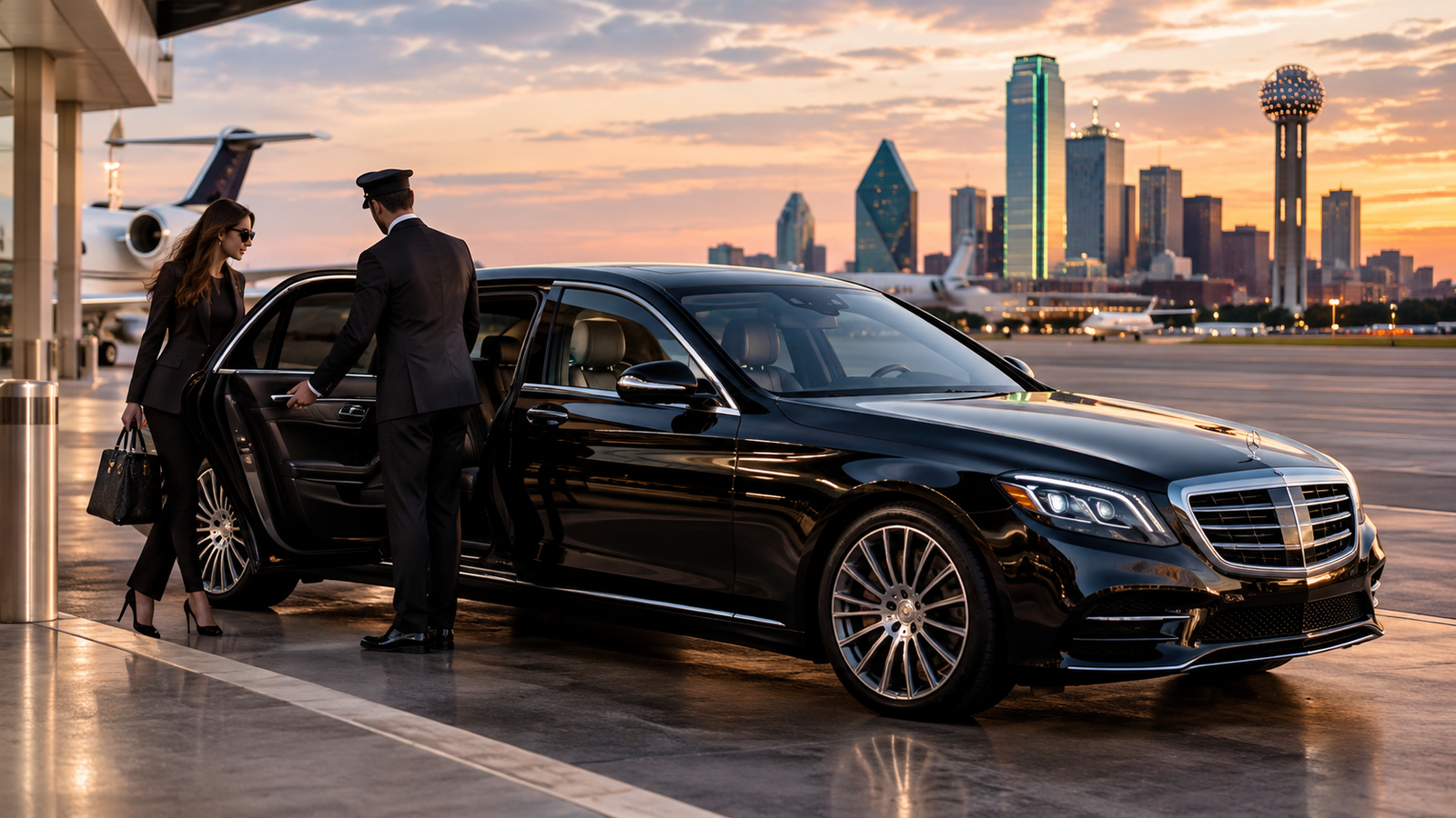Black luxury sedan in Dallas at night